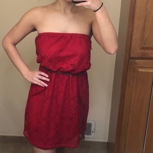 Red strapless lace dress